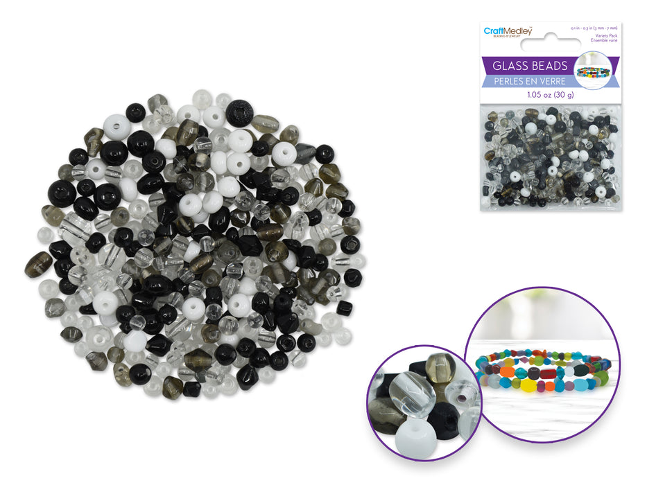 GLASS BEADS: 3MM-7MM MIX-PACK 30GMS