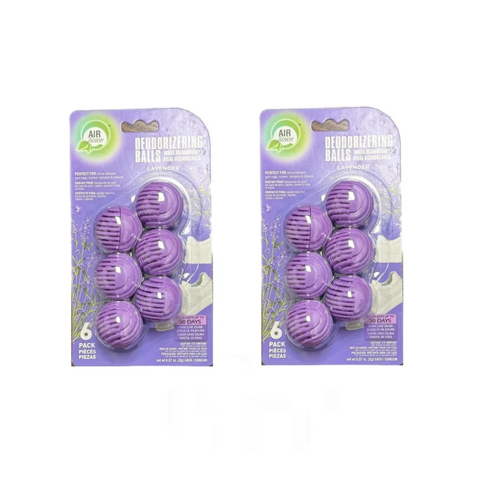 Two packages of purple deodorizing balls with packaging on a white background