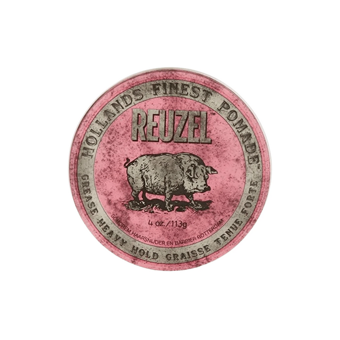 A round metal tin of Reuzel Holland's Finest Pomeade Grease Heavy Hold Grease, featuring a distressed pink label with a pig illustration and silver lettering, set against a plain white background.