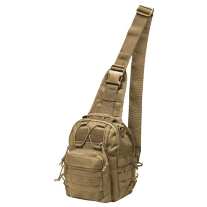Black tactical sling bag on a white background