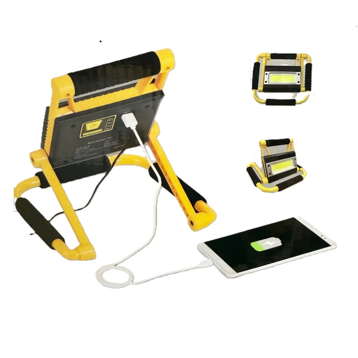 Set of yellow and black portable work lights on a white background