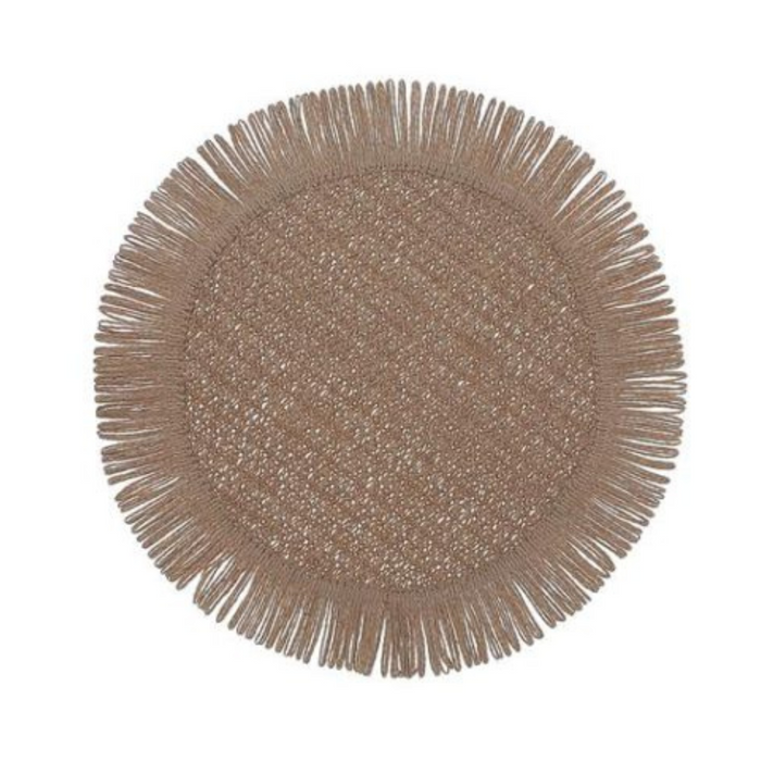 Beige woven round placemat with fringe – 15" diameter.