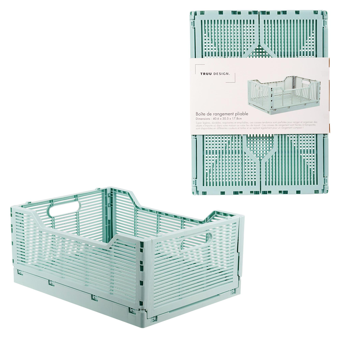 Green storage crate with packaging on a white background