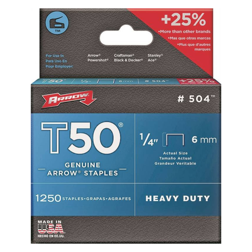 Box of Arrow T50 staples with branding and specifications on a white background