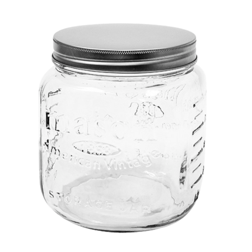 Clear glass jar with a metal lid on a white background