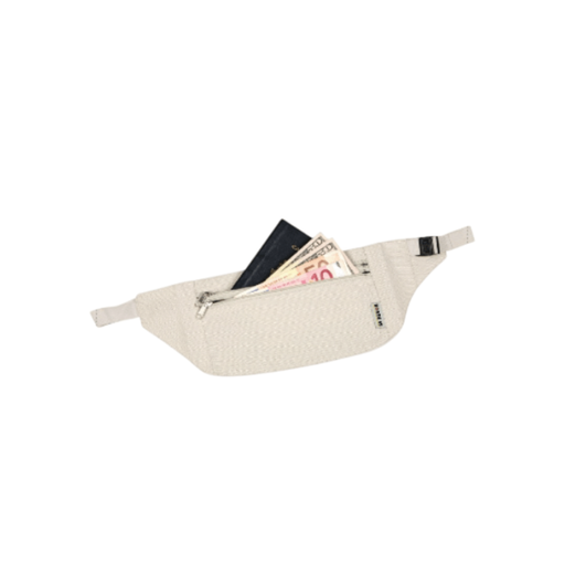 Beige waist bag with items inside on a white background