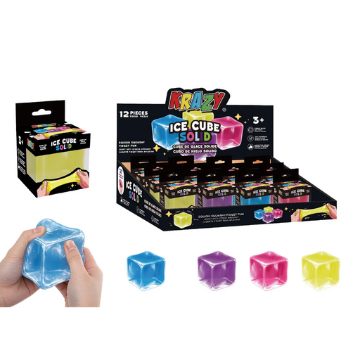 Krazy Ice Cube Gold toy set shown with a retail display box, a single package, four translucent blue ice cubes in different colors, and hands holding a blue cube. The packaging and display are black with bright multicolor graphics.