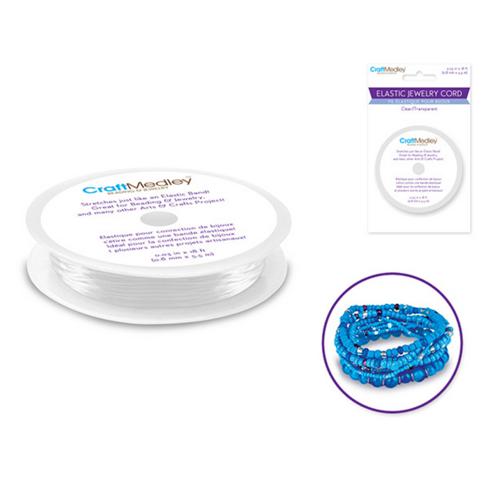 Clear elastic jewelry cord (0.8mm) coiled on a spool with product packaging. Includes an inset showing a stretchy beaded blue bracelet made with the cord.