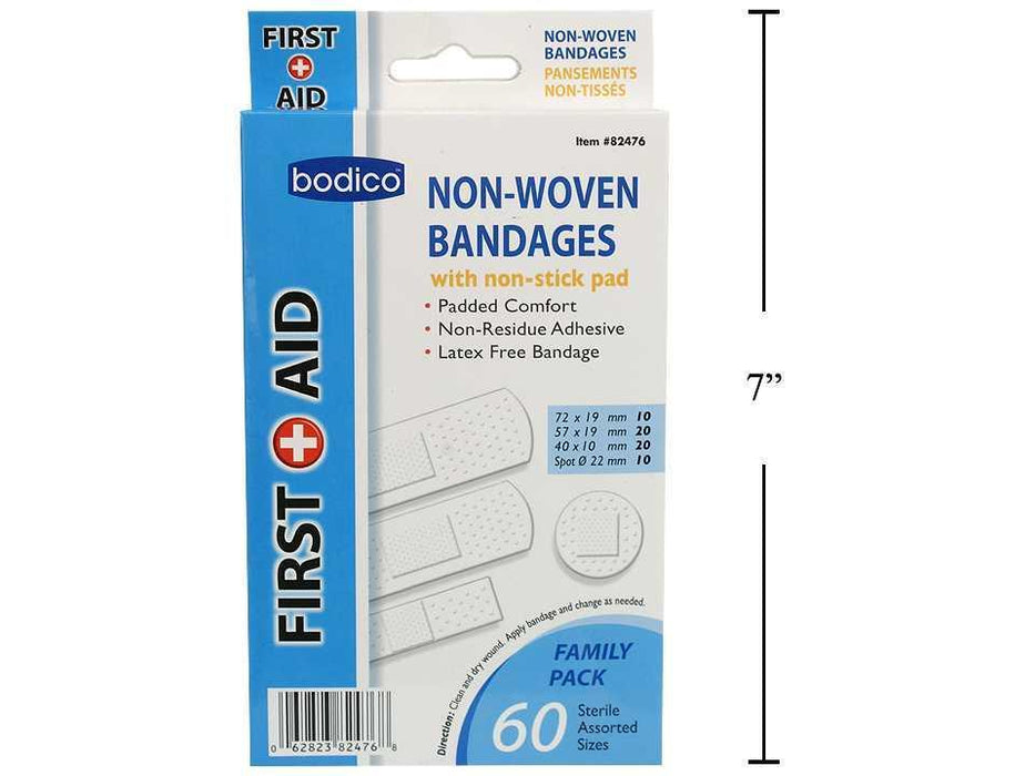BODICO FIRST AID NON-WOVEN BANDAGES - ASSORTED SIZE FAMILY PACK - 60 PCS
