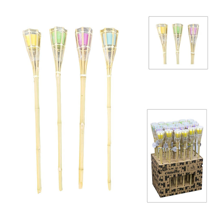 Set of four bamboo torches with colorful candles, displayed with a box of additional torches.