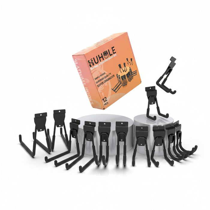Black wall hooks with a NUHOLE packaging on a white background
