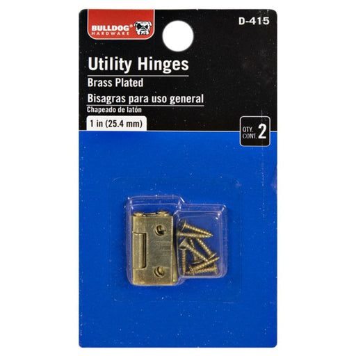 Bulldog Hardware utility hinges in brass plating on a blue card with clear plastic window.