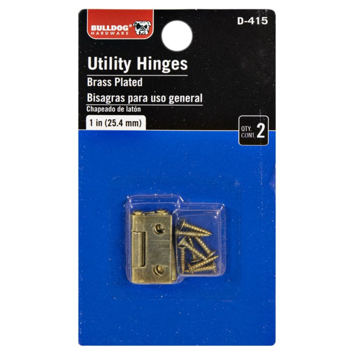 Bulldog Hardware utility hinges in brass plating on a blue card with clear plastic window.