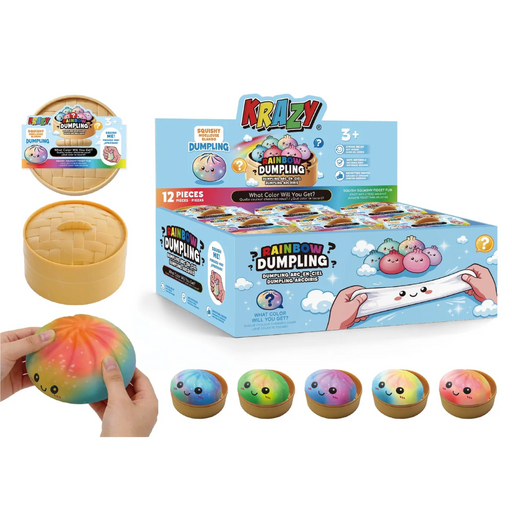 Krazy Rainbow Dumpling toy set with a large blue display box, a round yellow dumpling mold, a packaged round dumpling, a hand holding a rainbow-colored squishy dumpling, and five small colorful dumpling cups shown on a white background.