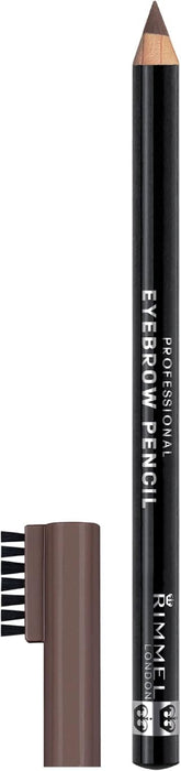 A black Rimmel Professional eyebrow pencil shown vertically next to a close-up of its brown felt tip and bristles, on a plain white background.