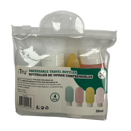 Pack of Tru squeezable travel bottles with clear packaging on a white background