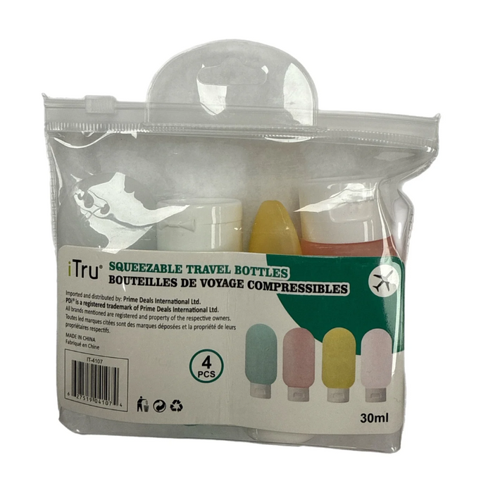 Pack of Tru squeezable travel bottles with clear packaging on a white background