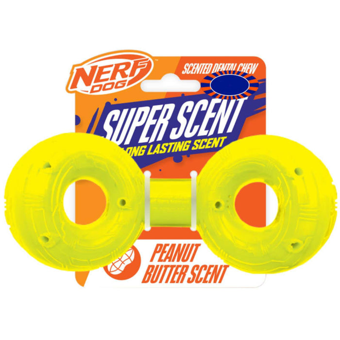 Two yellow Nerf Dog Super Scented dog chew toys with packaging on a white background