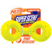 Two yellow Nerf Dog Super Scented dog chew toys with packaging on a white background