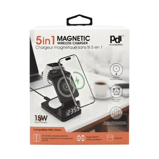 Packaging of a 5-in-1 magnetic wireless charger with images of devices and text on a white background.