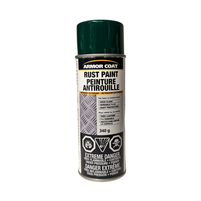 A can of Armor Coat Rust Paint in Shutter Green Gloss, 340g aerosol spray for indoor/outdoor metal protection.