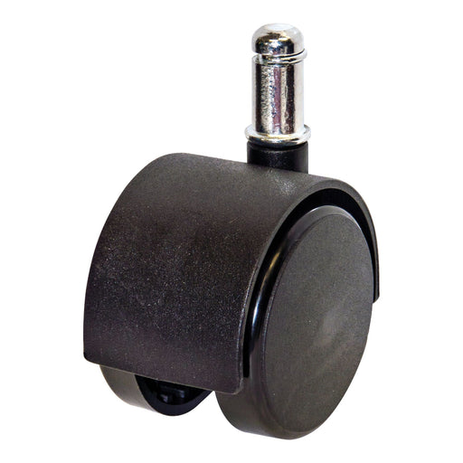 Black caster wheel with a shiny metal ball on a white background