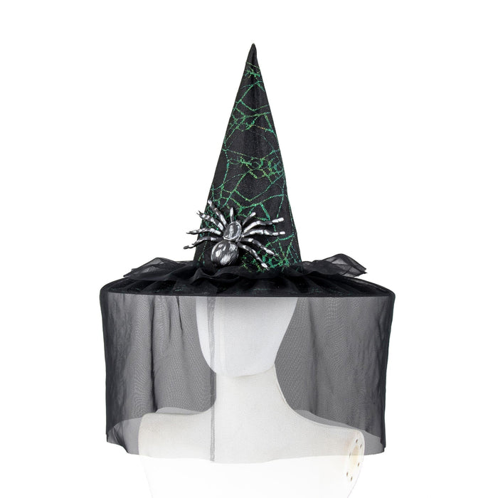 A black witch hat with a pointed cone shape, decorated with a green spiderweb pattern and a silver glittery spider ornament. The hat is displayed on a white mannequin head with a black sheer veil draped around the neck, set against a plain white background.