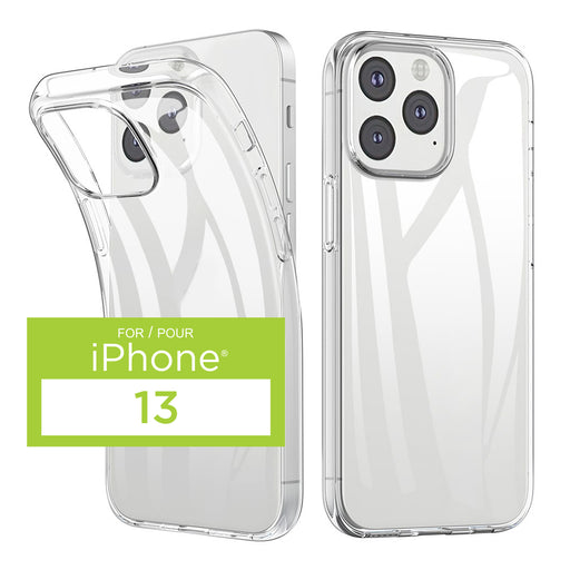 Clear phone case for iPhone 13 with front and back views on a white background