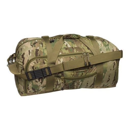 Camouflage duffel bag with multiple straps on a white background