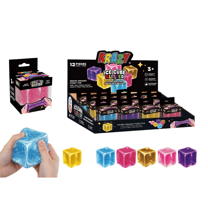 Crazy Ice Cube Lifter toy set shown with a retail display box, individual packaged units, five small colorful cubes, and a pair of hands holding a blue glittery cube on a white background.