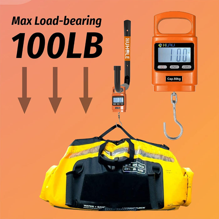 Digital hanging scale with a yellow bag on an orange background, displaying a maximum load-bearing capacity of 100LB.