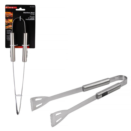 Set of stainless steel BBQ tools with packaging on a white background