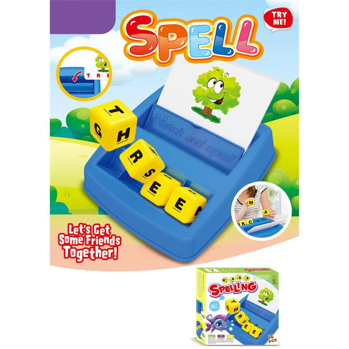 Spelling game packaging with colorful letters and a cartoon tree on a white background