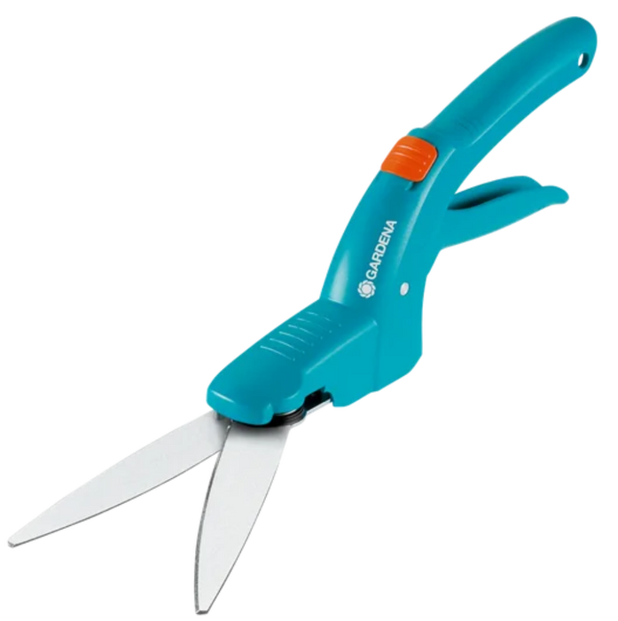 Turquoise garden shears with orange handle on a white background