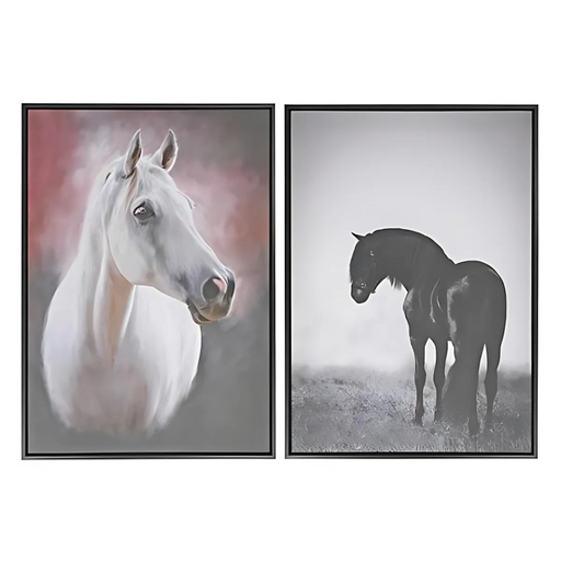 Framed canvas wall art with assorted horse designs — one featuring a white horse portrait with a soft background, the other a black horse standing in a misty field.