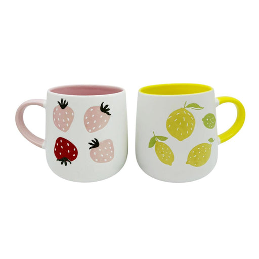 Two mugs with fruit designs on a white background