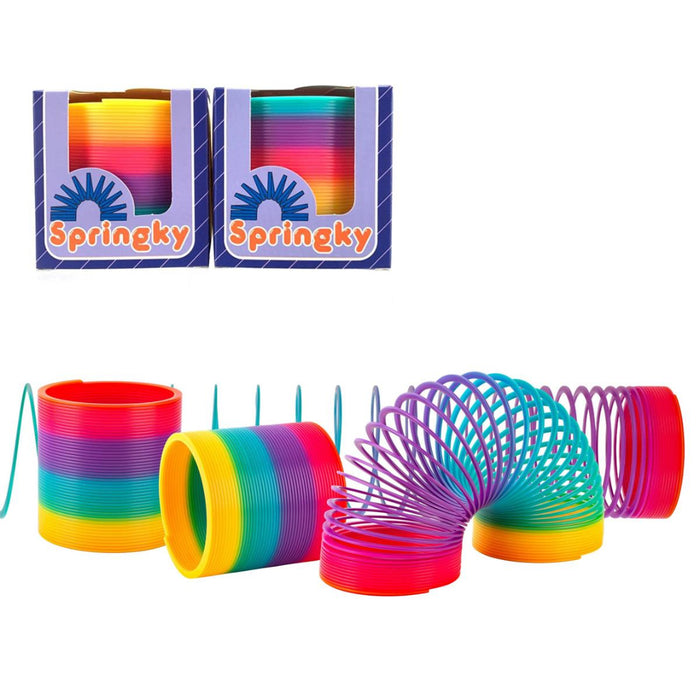 Colorful spring toys with 'Springky' packaging on a white background