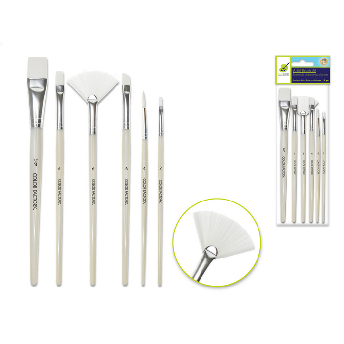 Six white synthetic paintbrushes with ivory plastic handles featuring flat, fan, and detail brushes; shown outside of packaging and in a retail blister pack.