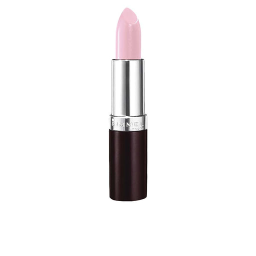 A Rimmel London lipstick in a light pink shade, shown with the cap off, revealing the bullet. The lipstick has a shiny silver metallic middle section and a dark brown base, set against a plain white background.