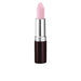 A Rimmel London lipstick in a light pink shade, shown with the cap off, revealing the bullet. The lipstick has a shiny silver metallic middle section and a dark brown base, set against a plain white background.