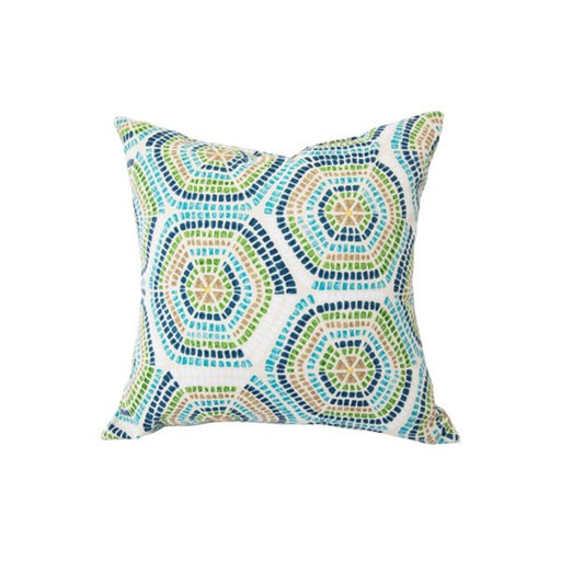 Decorative pillow with circular pattern on a white background