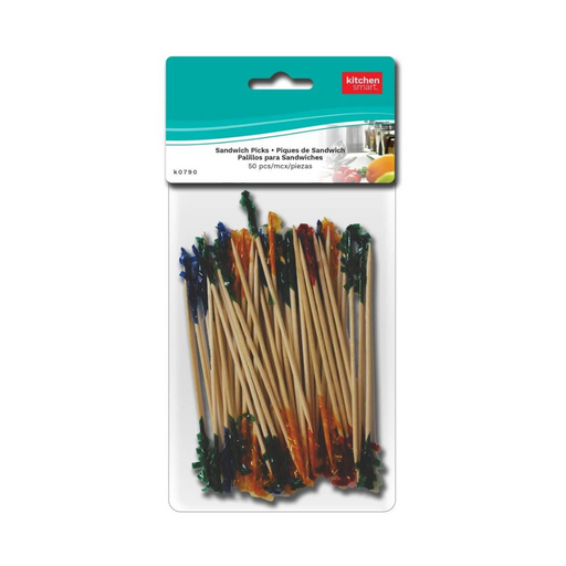 Pack of toothpicks with colorful ends in a clear plastic package on a white background