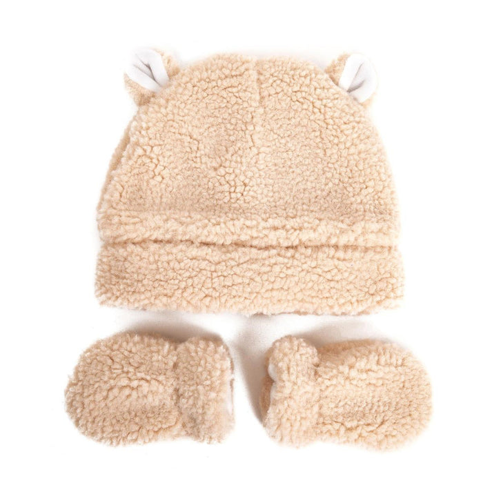 A beige sherpa fleece baby hat and matching mittens set, featuring small white ear accents on the hat, photographed on a clean white background.