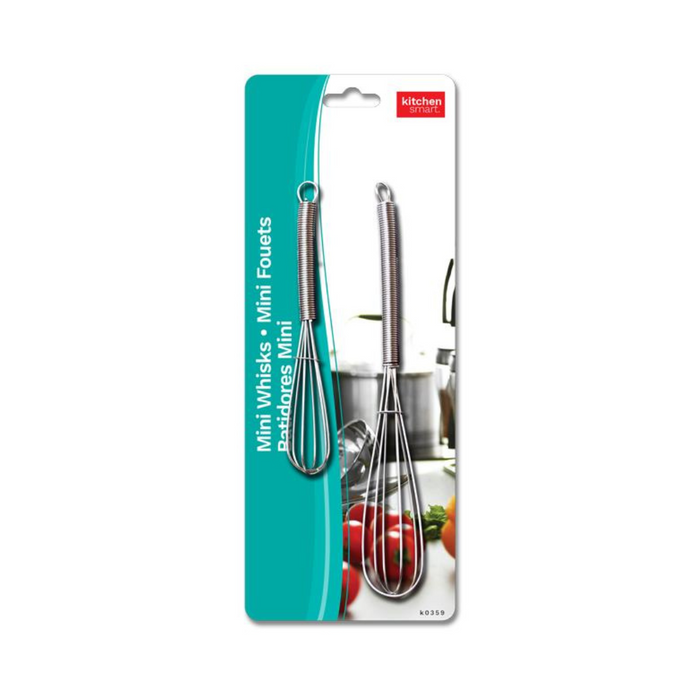 Packaging of two mini whisks with a kitchen background on a white card.