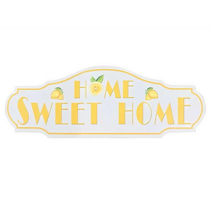 White MDF wall plaque with the words “Home Sweet Home” in bold yellow letters, decorated with lemon and leaf illustrations.