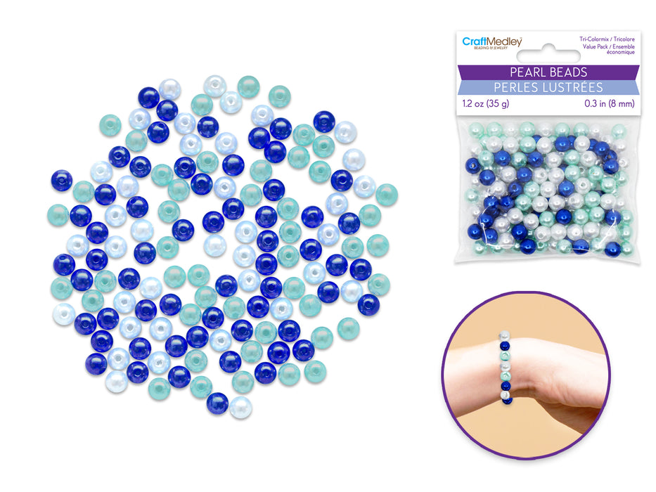 PEARL BEADS: 8MM GLOSS TRI-COLOR MIX 35GMS