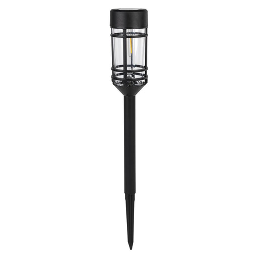 Black solar-powered garden light on a white background