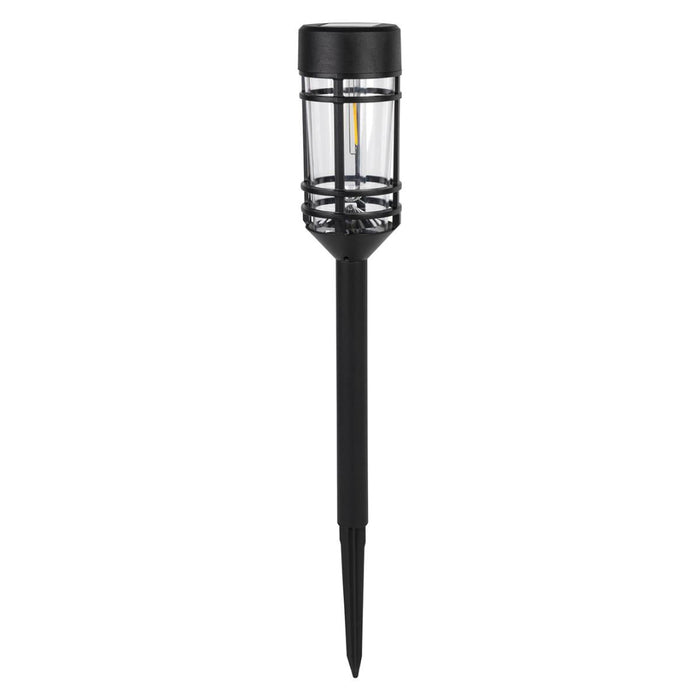 Black solar-powered garden light on a white background
