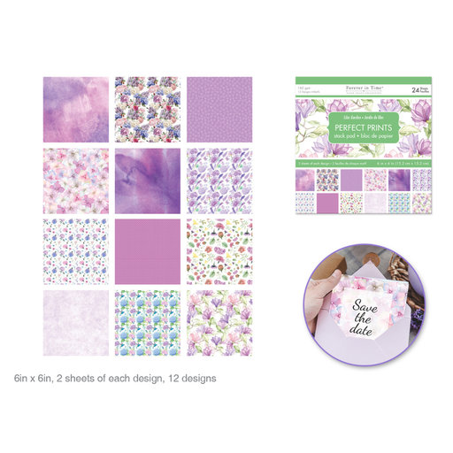 Collection of purple and pink patterned paper sheets with a 'Save the date' card.