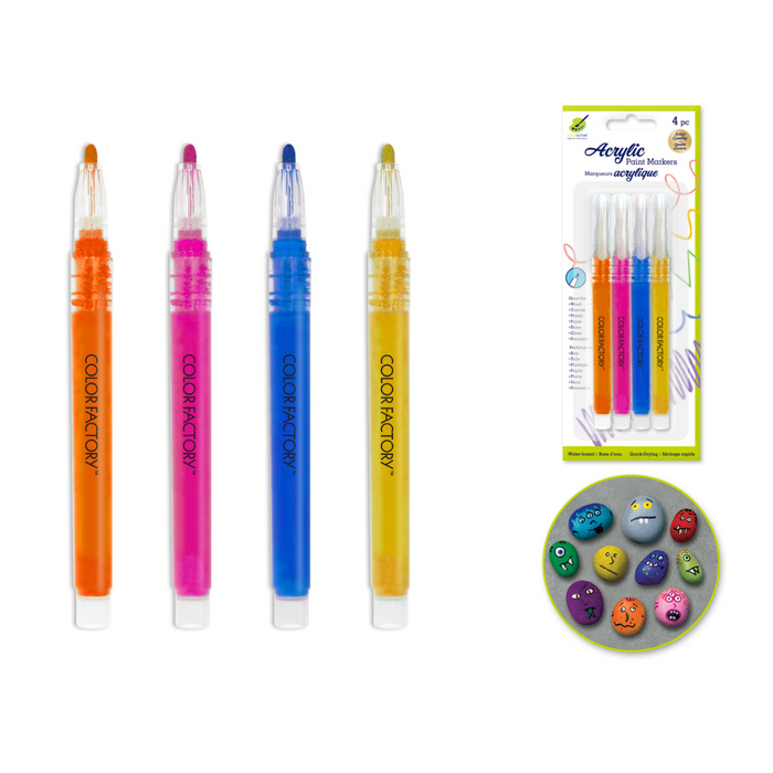 Four Color Factory acrylic paint markers in black, white, and grayscale tones; includes product packaging and sample of painted rocks with fun faces.